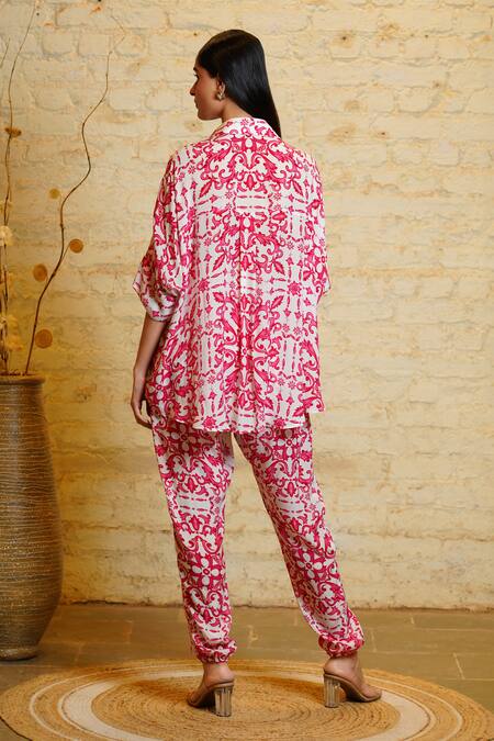 Shop_Sajeda A Lehry_Pink Silk Crepe Digital Printed Floral Collared Athena Greek Shirt With Pant _at_Aza_Fashions