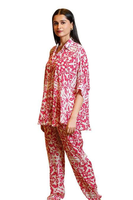 Buy_Sajeda A Lehry_Pink Silk Crepe Digital Printed Floral Collared Athena Greek Shirt With Pant _Online_at_Aza_Fashions
