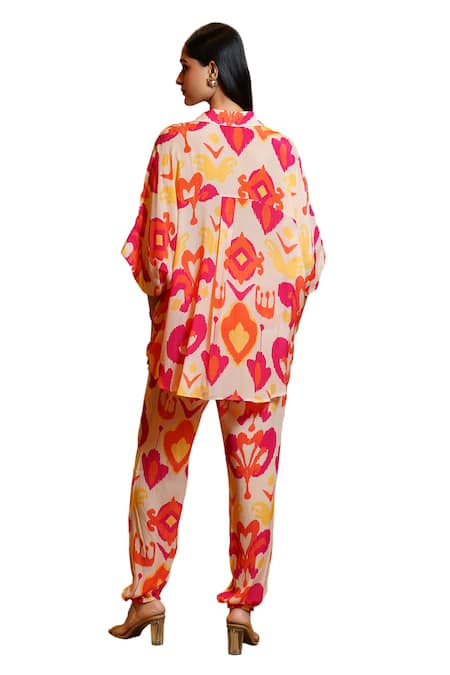 Sajeda A Lehry Pink Silk Crepe Digital Printed Ikkat Collared Shirt With Pant Online at Aza Fashions Sajeda A Lehry_Pink Silk Crepe Digital Printed Ikkat Collared Shirt With Pant _Online_at_Aza_Fashions