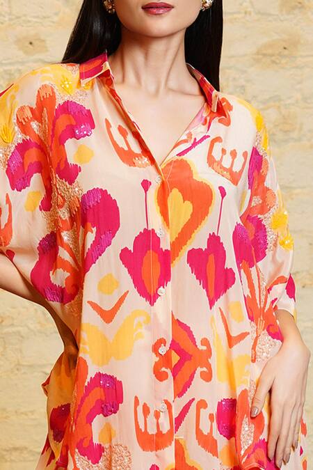 Buy Sajeda A Lehry Pink Silk Crepe Digital Printed Ikkat Collared Shirt With Pant Online at Aza Fashions Buy_Sajeda A Lehry_Pink Silk Crepe Digital Printed Ikkat Collared Shirt With Pant _Online_at_Aza_Fashions