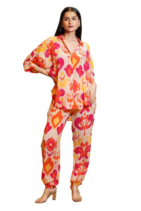 Shop Sajeda A Lehry Pink Silk Crepe Digital Printed Ikkat Collared Shirt With Pant Online at Aza Fashions Shop_Sajeda A Lehry_Pink Silk Crepe Digital Printed Ikkat Collared Shirt With Pant _Online_at_Aza_Fashions