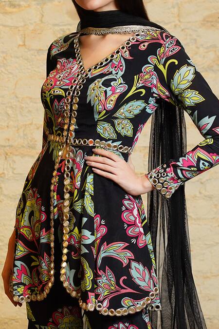 Shop Sajeda A Lehry Black , Satin, Crepe Embroidery, Sequins, Divya Hand Kurta Sharara Set Online at Aza Fashions Shop_Sajeda A Lehry_Black , Satin, Crepe Embroidery, Sequins, Divya Hand Kurta Sharara Set _Online_at_Aza_Fashions