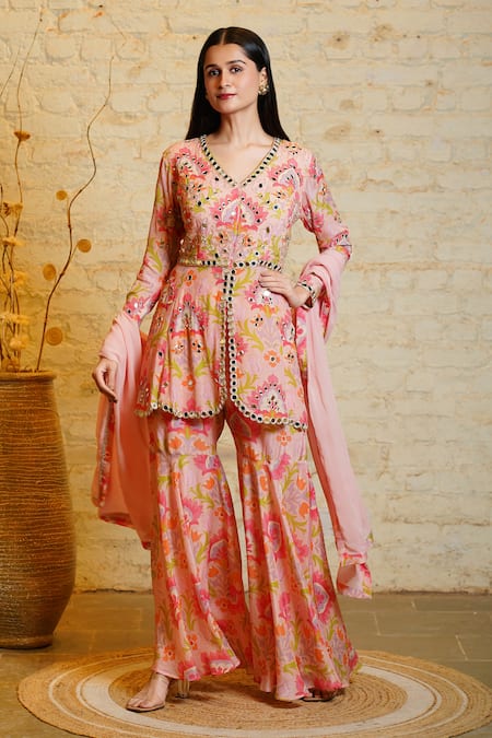 Sajeda A Lehry Pink Silk Crepe Digital Divya Lotus Sequin Embroidered Peplum Kurta Sharara Set 