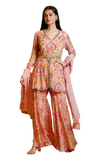 Sajeda A Lehry Pink Silk, Crepe Sequins, Lace, Divya Lotus Peplum Kurta Sharara Set Online at Aza Fashions Sajeda A Lehry_Pink Silk, Crepe Sequins, Lace, Divya Lotus Peplum Kurta Sharara Set _Online_at_Aza_Fashions