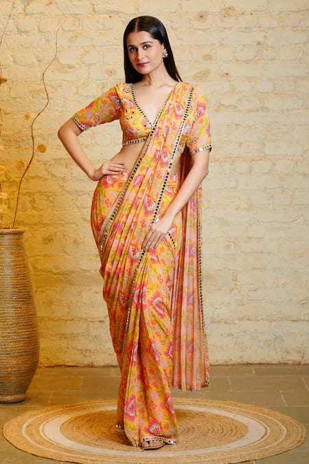 Sajeda A Lehry Yellow Georgette Digital Printed Jannat Lotus Hand Embroidered Saree With Blouse 