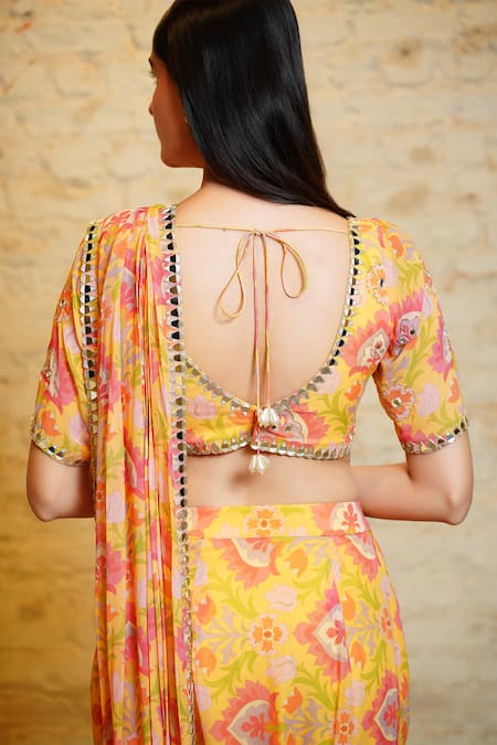 Shop Sajeda A Lehry Yellow Georgette Sequins, Jannat Lotus Hand Embroidered Saree With Blouse at Aza Fashions Shop_Sajeda A Lehry_Yellow Georgette Sequins, Jannat Lotus Hand Embroidered Saree With Blouse _at_Aza_Fashions