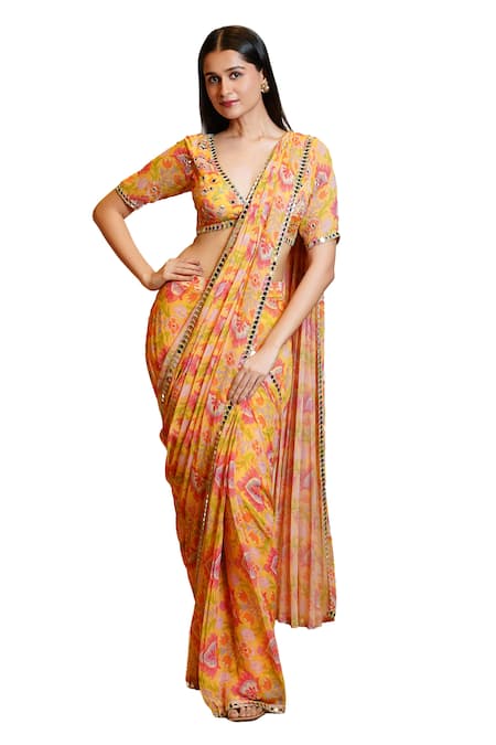 Sajeda A Lehry Yellow Georgette Sequins, Jannat Lotus Hand Embroidered Saree With Blouse Online at Aza Fashions Sajeda A Lehry_Yellow Georgette Sequins, Jannat Lotus Hand Embroidered Saree With Blouse _Online_at_Aza_Fashions