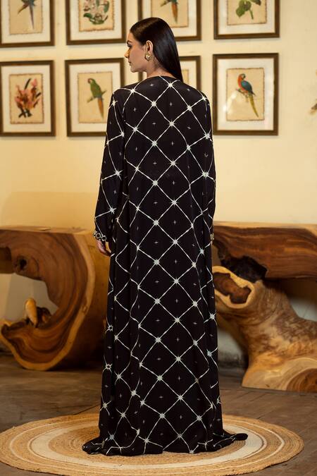 Shop Sajeda A Lehry Black Silk Crepe Digital Printed Geometric Kiara Hand Embroidered Top Skirt Set at Aza Fashions Shop_Sajeda A Lehry_Black Silk Crepe Digital Printed Geometric Kiara Hand Embroidered Top Skirt Set_at_Aza_Fashions