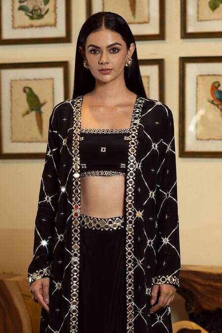 Sajeda A Lehry Black Silk Crepe Digital Printed Geometric Kiara Hand Embroidered Top Skirt Set Online at Aza Fashions Sajeda A Lehry_Black Silk Crepe Digital Printed Geometric Kiara Hand Embroidered Top Skirt Set_Online_at_Aza_Fashions