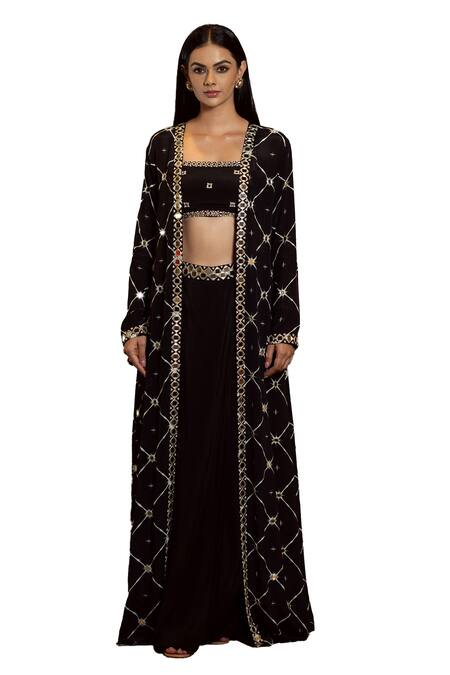 Buy Sajeda A Lehry Black Silk Crepe Digital Printed Geometric Kiara Hand Embroidered Top Skirt Set Online at Aza Fashions Buy_Sajeda A Lehry_Black Silk Crepe Digital Printed Geometric Kiara Hand Embroidered Top Skirt Set_Online_at_Aza_Fashions
