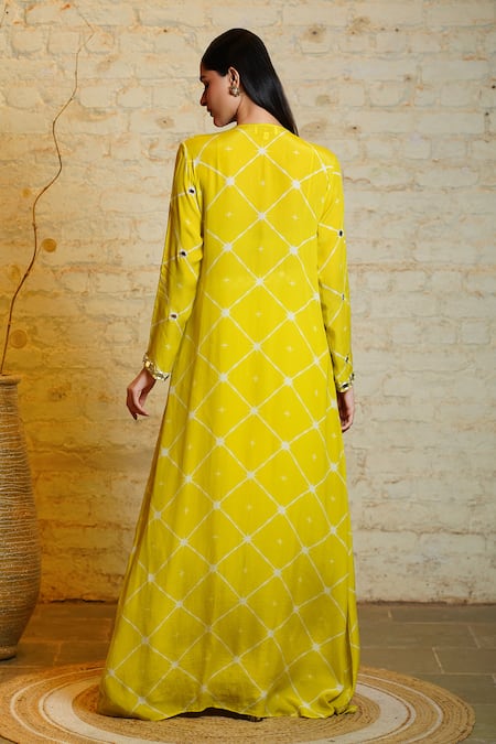 Shop Sajeda A Lehry Yellow Silk Crepe Digital Printed Geometric Square Pearl Mirrorwork Skirt Set at Aza Fashions Shop_Sajeda A Lehry_Yellow Silk Crepe Digital Printed Geometric Square Pearl Mirrorwork Skirt Set _at_Aza_Fashions