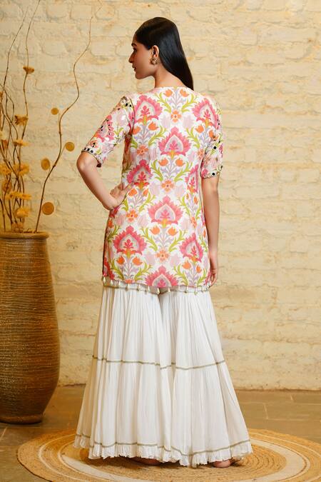 Shop Sajeda A Lehry Ivory Silk, Georgette Pearls, Sajeda Lotus Hand Embroidered Kurta Sharara Set at Aza Fashions Shop_Sajeda A Lehry_Ivory Silk, Georgette Pearls, Sajeda Lotus Hand Embroidered Kurta Sharara Set _at_Aza_Fashions