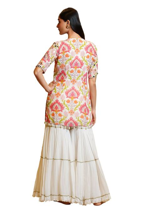 Sajeda A Lehry Ivory Silk, Georgette Pearls, Sajeda Lotus Hand Embroidered Kurta Sharara Set Online at Aza Fashions Sajeda A Lehry_Ivory Silk, Georgette Pearls, Sajeda Lotus Hand Embroidered Kurta Sharara Set _Online_at_Aza_Fashions
