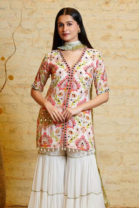 Buy Sajeda A Lehry Ivory Silk, Georgette Pearls, Sajeda Lotus Hand Embroidered Kurta Sharara Set Online at Aza Fashions Buy_Sajeda A Lehry_Ivory Silk, Georgette Pearls, Sajeda Lotus Hand Embroidered Kurta Sharara Set _Online_at_Aza_Fashions