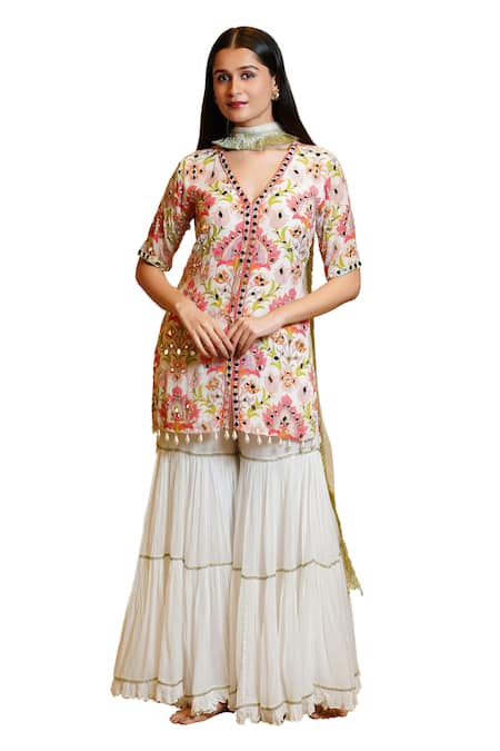 Shop Sajeda A Lehry Ivory Silk, Georgette Pearls, Sajeda Lotus Hand Embroidered Kurta Sharara Set Online at Aza Fashions Shop_Sajeda A Lehry_Ivory Silk, Georgette Pearls, Sajeda Lotus Hand Embroidered Kurta Sharara Set _Online_at_Aza_Fashions