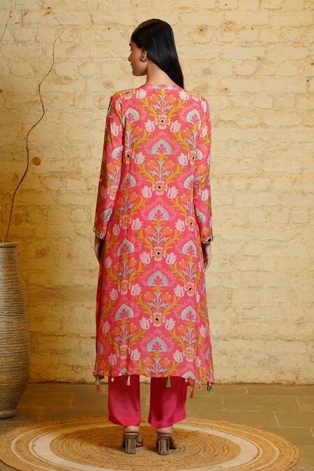 Shop Sajeda A Lehry Coral Silk, Crepe Tassels, Mirrors Samara Lotus Hand Embroidered Kurta With Pant at Aza Fashions Shop_Sajeda A Lehry_Coral Silk, Crepe Tassels, Mirrors Samara Lotus Hand Embroidered Kurta With Pant_at_Aza_Fashions