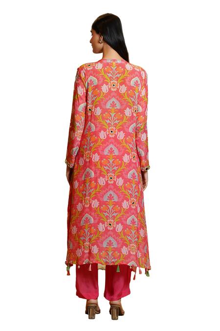 Sajeda A Lehry Coral Silk, Crepe Tassels, Mirrors Samara Lotus Hand Embroidered Kurta With Pant Online at Aza Fashions Sajeda A Lehry_Coral Silk, Crepe Tassels, Mirrors Samara Lotus Hand Embroidered Kurta With Pant_Online_at_Aza_Fashions
