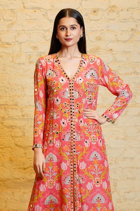 Buy Sajeda A Lehry Coral Silk, Crepe Tassels, Mirrors Samara Lotus Hand Embroidered Kurta With Pant Online at Aza Fashions Buy_Sajeda A Lehry_Coral Silk, Crepe Tassels, Mirrors Samara Lotus Hand Embroidered Kurta With Pant_Online_at_Aza_Fashions
