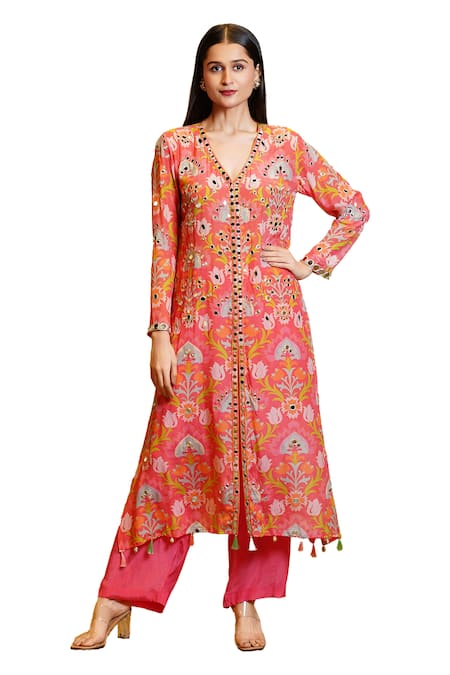 Shop Sajeda A Lehry Coral Silk, Crepe Tassels, Mirrors Samara Lotus Hand Embroidered Kurta With Pant Online at Aza Fashions Shop_Sajeda A Lehry_Coral Silk, Crepe Tassels, Mirrors Samara Lotus Hand Embroidered Kurta With Pant_Online_at_Aza_Fashions