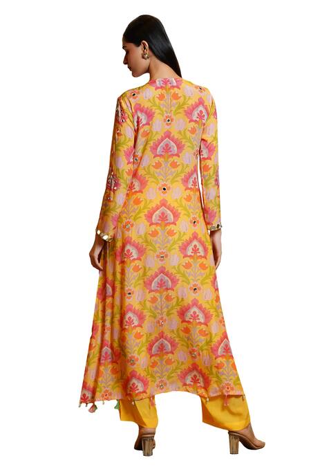 Sajeda A Lehry_Yellow Silk, Crepe Mirrors, Samara Lotus Hand Embroidered Kurta And Pant Set_Online_at_Aza_Fashions