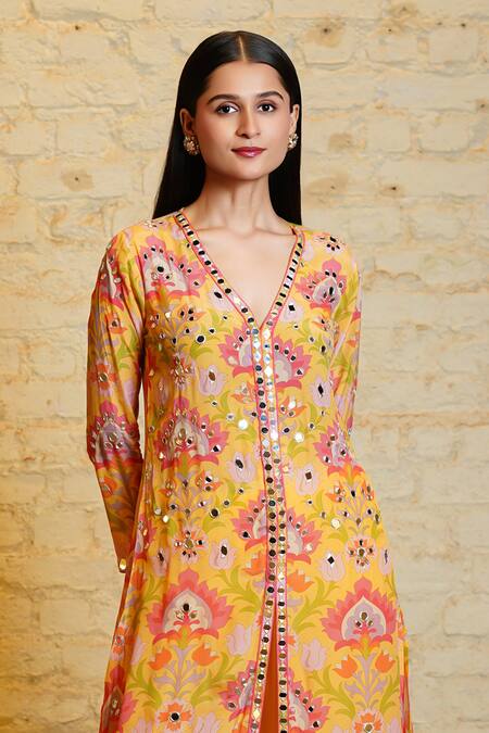 Buy_Sajeda A Lehry_Yellow Silk, Crepe Mirrors, Samara Lotus Hand Embroidered Kurta And Pant Set_Online_at_Aza_Fashions