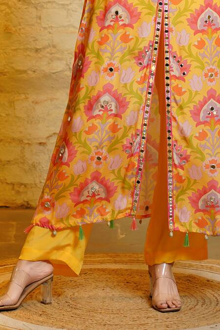 Shop_Sajeda A Lehry_Yellow Silk, Crepe Mirrors, Samara Lotus Hand Embroidered Kurta And Pant Set_Online_at_Aza_Fashions