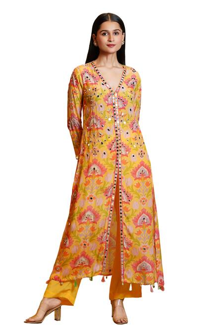 Sajeda A Lehry_Yellow Silk, Crepe Mirrors, Samara Lotus Hand Embroidered Kurta And Pant Set_at_Aza_Fashions