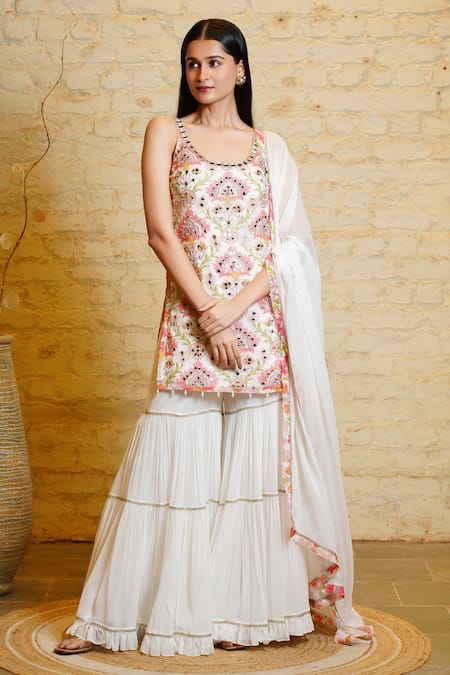 Sajeda A Lehry Ivory Silk Crepe Digital Printed Sana Lotus Sequin Embroidered Kurta Sharara Set 