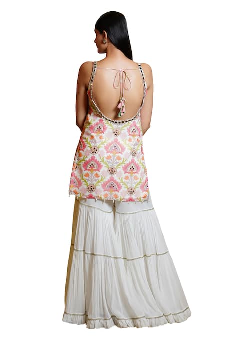 Sajeda A Lehry Ivory Georgette, Silk Pearls, Sequins, Sana Lotus Embroidered Kurta Sharara Set Online at Aza Fashions Sajeda A Lehry_Ivory Georgette, Silk Pearls, Sequins, Sana Lotus Embroidered Kurta Sharara Set _Online_at_Aza_Fashions