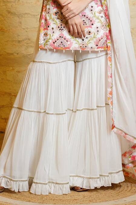 Shop Sajeda A Lehry Ivory Georgette, Silk Pearls, Sequins, Sana Lotus Embroidered Kurta Sharara Set Online at Aza Fashions Shop_Sajeda A Lehry_Ivory Georgette, Silk Pearls, Sequins, Sana Lotus Embroidered Kurta Sharara Set _Online_at_Aza_Fashions