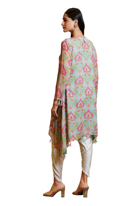 Sajeda A Lehry_Blue Georgette, Cotton Sequins, Seher Lotus Embroidered Kurta And Dhoti Pant Set_Online_at_Aza_Fashions