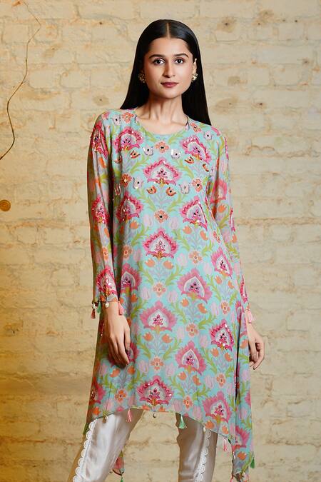 Buy_Sajeda A Lehry_Blue Georgette, Cotton Sequins, Seher Lotus Embroidered Kurta And Dhoti Pant Set_Online_at_Aza_Fashions