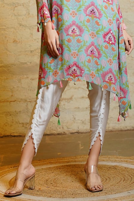 Shop_Sajeda A Lehry_Blue Georgette, Cotton Sequins, Seher Lotus Embroidered Kurta And Dhoti Pant Set_Online_at_Aza_Fashions