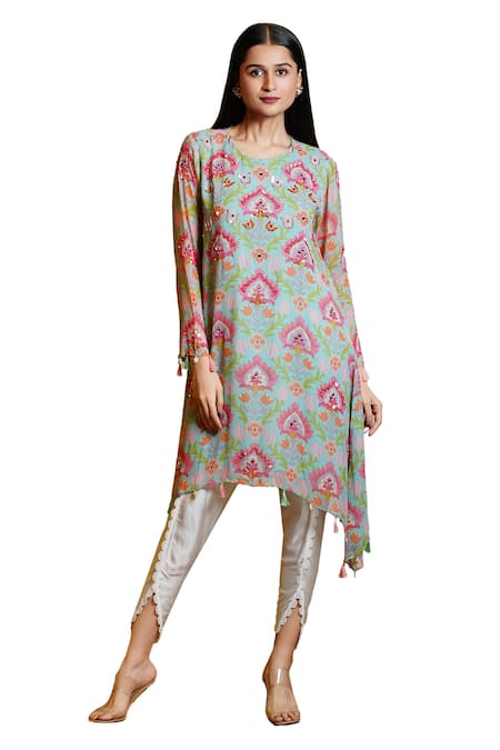 Sajeda A Lehry_Blue Georgette, Cotton Sequins, Seher Lotus Embroidered Kurta And Dhoti Pant Set_at_Aza_Fashions