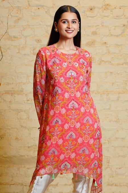 Buy_Sajeda A Lehry_Coral Georgette Sequins, Mirrors Seher Lotus Embroidered Kurta With Dhoti Pant _Online_at_Aza_Fashions