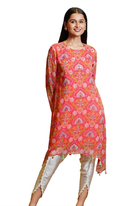 Shop_Sajeda A Lehry_Coral Georgette Sequins, Mirrors Seher Lotus Embroidered Kurta With Dhoti Pant _Online_at_Aza_Fashions
