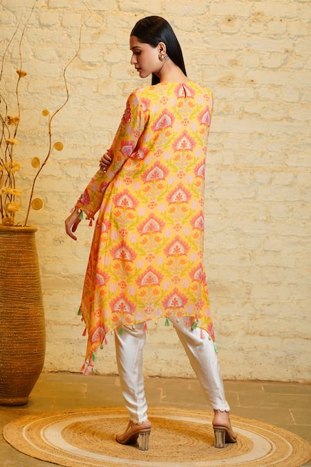 Shop Sajeda A Lehry Yellow Georgette Sequins, Mirrors Seher Lotus Embroidered Kurta With Dhoti Pant at Aza Fashions Shop_Sajeda A Lehry_Yellow Georgette Sequins, Mirrors Seher Lotus Embroidered Kurta With Dhoti Pant _at_Aza_Fashions