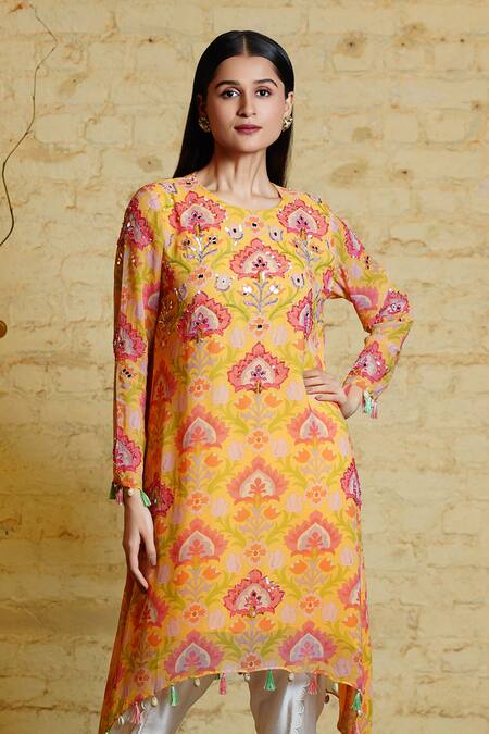 Buy Sajeda A Lehry Yellow Georgette Sequins, Mirrors Seher Lotus Embroidered Kurta With Dhoti Pant Online at Aza Fashions Buy_Sajeda A Lehry_Yellow Georgette Sequins, Mirrors Seher Lotus Embroidered Kurta With Dhoti Pant _Online_at_Aza_Fashions