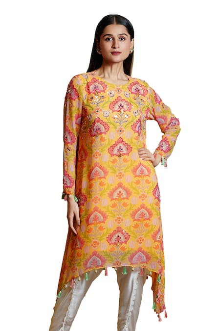 Sajeda A Lehry Yellow Georgette Sequins, Mirrors Seher Lotus Embroidered Kurta With Dhoti Pant at Aza Fashions Sajeda A Lehry_Yellow Georgette Sequins, Mirrors Seher Lotus Embroidered Kurta With Dhoti Pant _at_Aza_Fashions