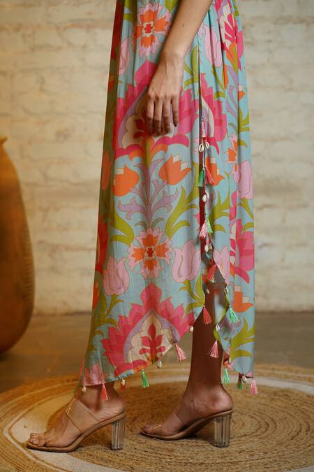 Shop Sajeda A Lehry Blue Silk Crepe Digital Printed Floral Sophie Lotus Sequin Embroidered Kaftan at Aza Fashions Shop_Sajeda A Lehry_Blue Silk Crepe Digital Printed Floral Sophie Lotus Sequin Embroidered Kaftan_at_Aza_Fashions