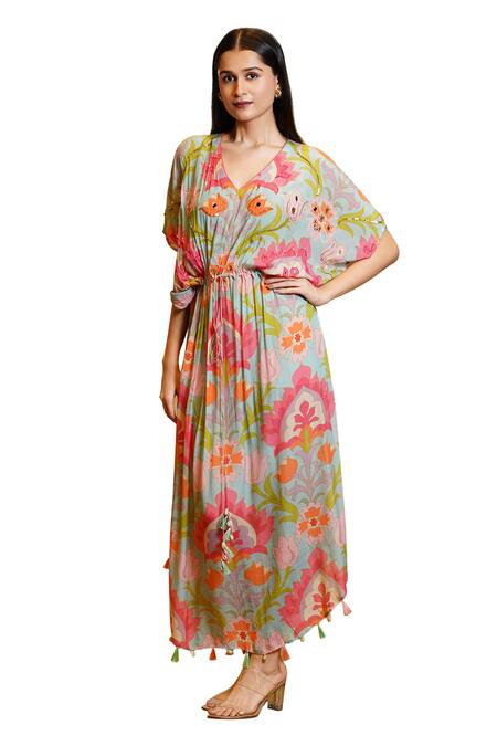 Sajeda A Lehry Blue Silk Crepe Digital Printed Floral Sophie Lotus Sequin Embroidered Kaftan Online at Aza Fashions Sajeda A Lehry_Blue Silk Crepe Digital Printed Floral Sophie Lotus Sequin Embroidered Kaftan_Online_at_Aza_Fashions