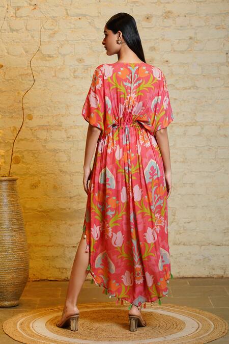 Shop Sajeda A Lehry Coral Silk Crepe Digital Printed Sophie Lotus Hand Embroidered Kaftan at Aza Fashions Shop_Sajeda A Lehry_Coral Silk Crepe Digital Printed Sophie Lotus Hand Embroidered Kaftan_at_Aza_Fashions