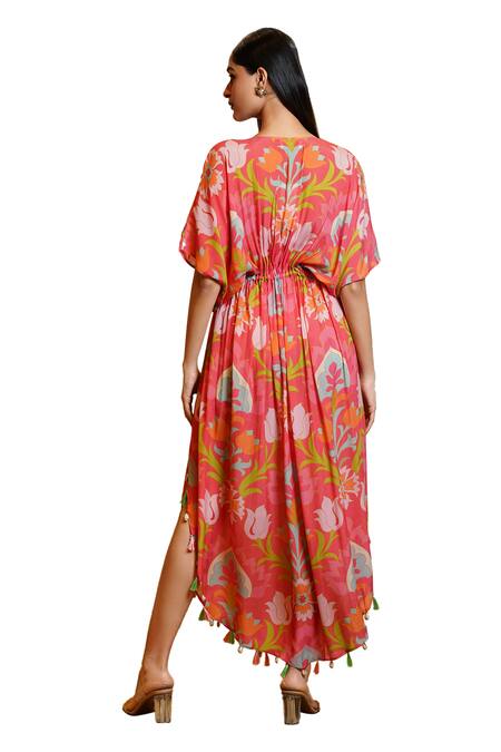 Buy Sajeda A Lehry Coral Silk Crepe Digital Printed Sophie Lotus Hand Embroidered Kaftan Online at Aza Fashions Buy_Sajeda A Lehry_Coral Silk Crepe Digital Printed Sophie Lotus Hand Embroidered Kaftan_Online_at_Aza_Fashions