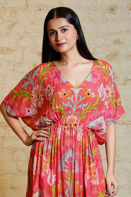 Shop Sajeda A Lehry Coral Silk Crepe Digital Printed Sophie Lotus Hand Embroidered Kaftan Online at Aza Fashions Shop_Sajeda A Lehry_Coral Silk Crepe Digital Printed Sophie Lotus Hand Embroidered Kaftan_Online_at_Aza_Fashions