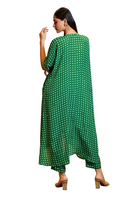 Sajeda A Lehry_Green Silk Crepe Digital Printed Tarana Sequin Embroidered Kaftan With Pant_Online_at_Aza_Fashions
