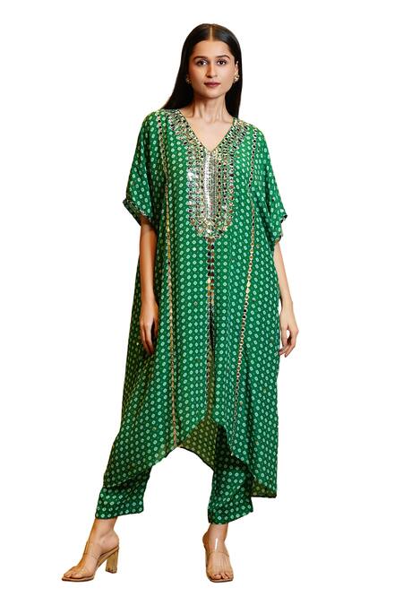 Buy_Sajeda A Lehry_Green Silk Crepe Digital Printed Tarana Sequin Embroidered Kaftan With Pant_Online_at_Aza_Fashions