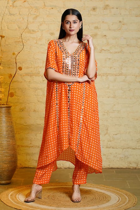 Sajeda A Lehry Orange Silk Crepe Digital Printed Tarana Sequin Embroidered Kaftan And Pant Set 