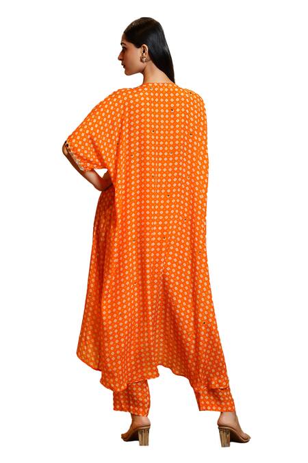 Sajeda A Lehry_Orange Silk Crepe Digital Printed Tarana Sequin Embroidered Kaftan And Pant Set_Online_at_Aza_Fashions