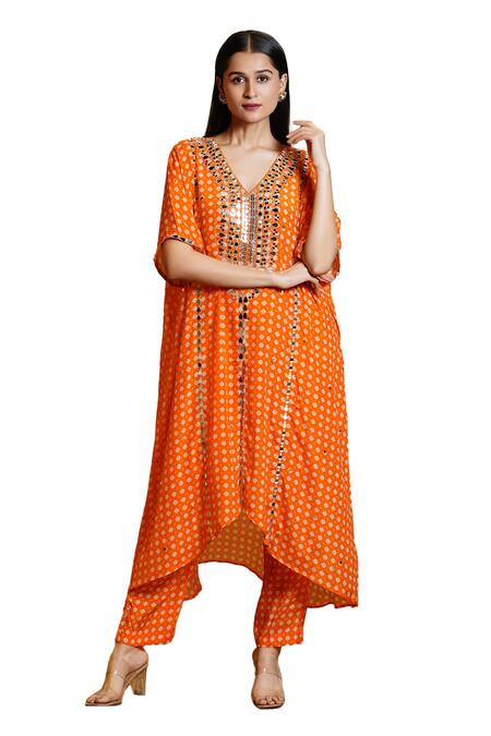 Buy_Sajeda A Lehry_Orange Silk Crepe Digital Printed Tarana Sequin Embroidered Kaftan And Pant Set_Online_at_Aza_Fashions