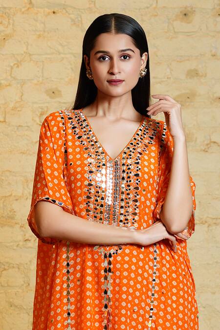 Shop_Sajeda A Lehry_Orange Silk Crepe Digital Printed Tarana Sequin Embroidered Kaftan And Pant Set_Online_at_Aza_Fashions